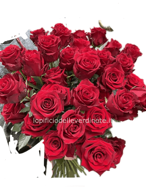 Bouquet di rose rosse confezionato.